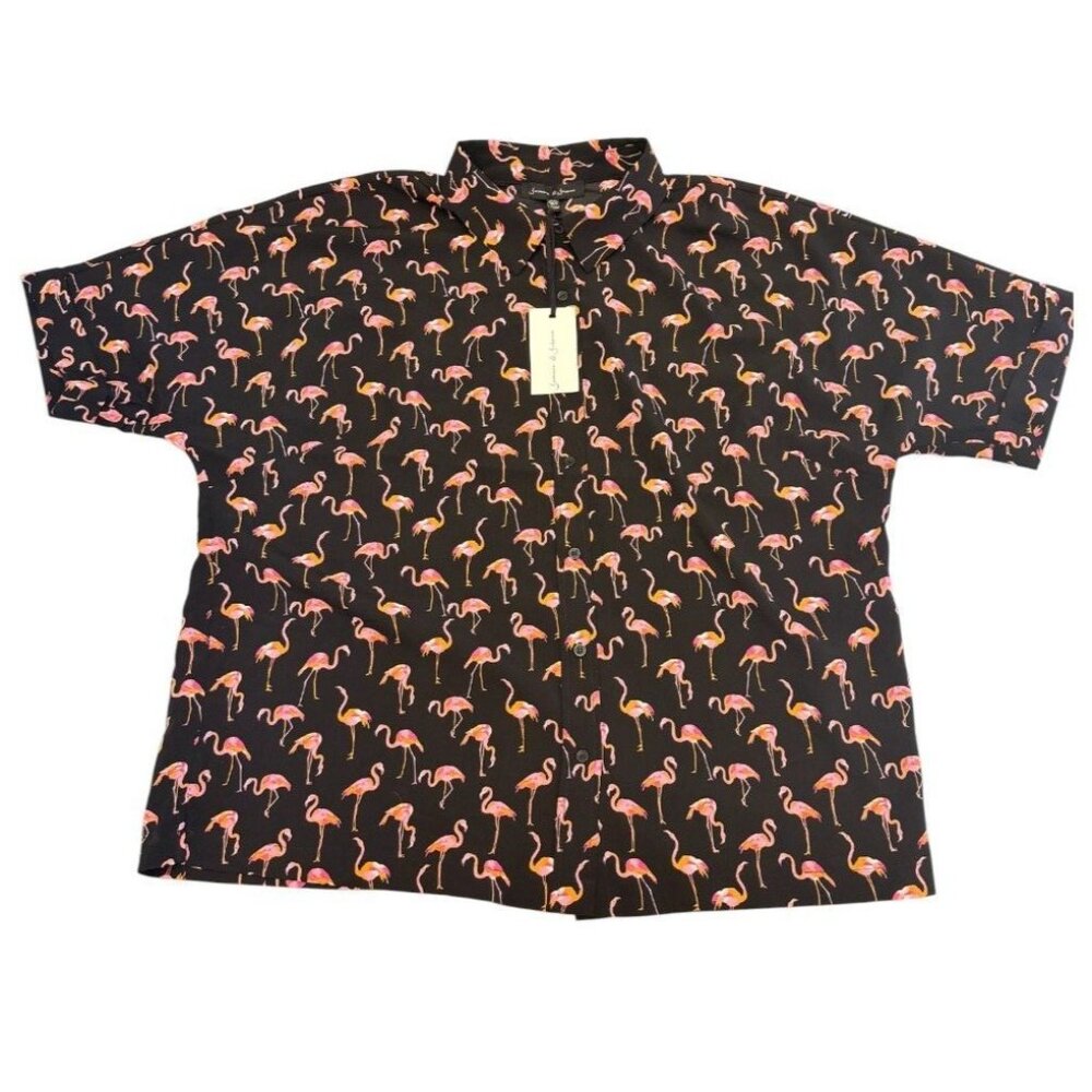 Jasmine & Juliana Flamingo Print Button-Up Shirt XL Black/Pink/Yellow - Picture 2 of 7